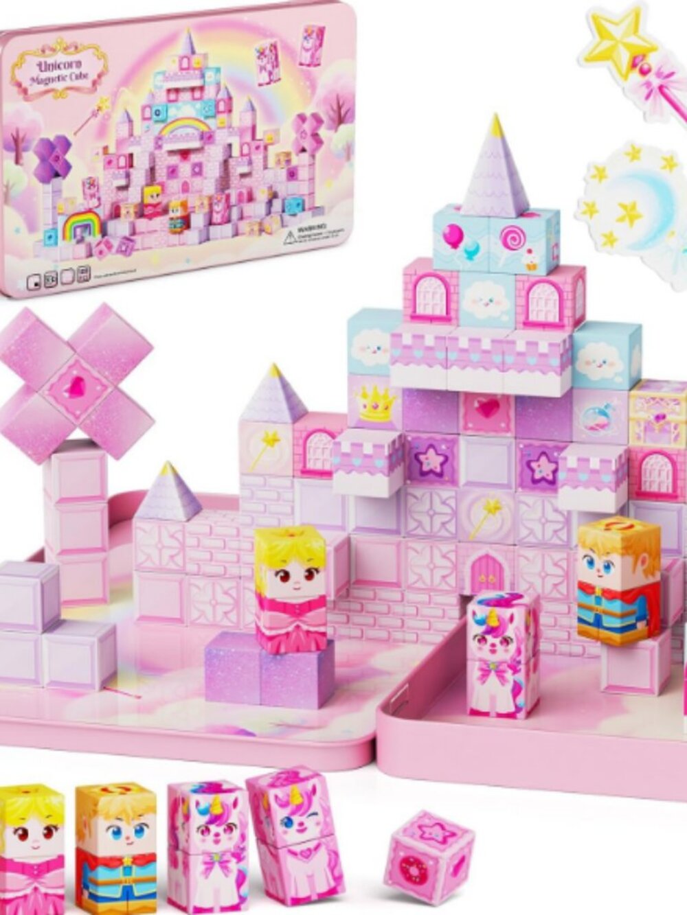 Unicorn Magnetic Cubes for Travel: 100 PCS Castle Princess Playset - A1